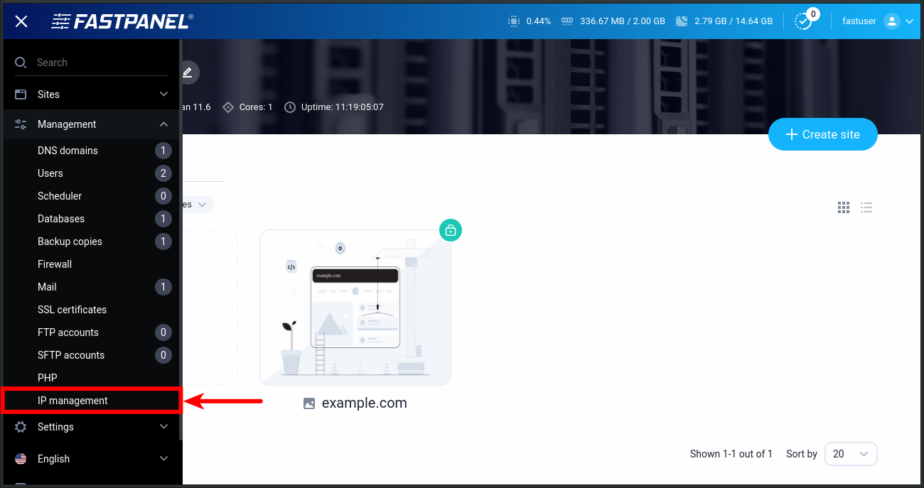 Menu manajemen IP di FASTPANEL